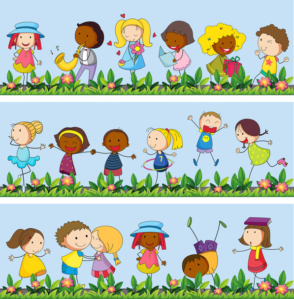 Dzieci bawiące się w ogrodzie - Wektor, obraz