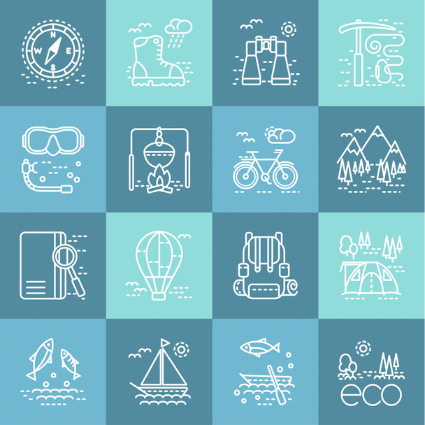 Eco turistika ikony na různých odstínu modré čtverce - Vektor, obrázek