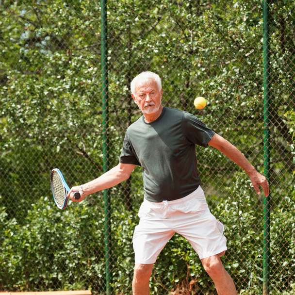 Senior man playing tennis - 写真・画像