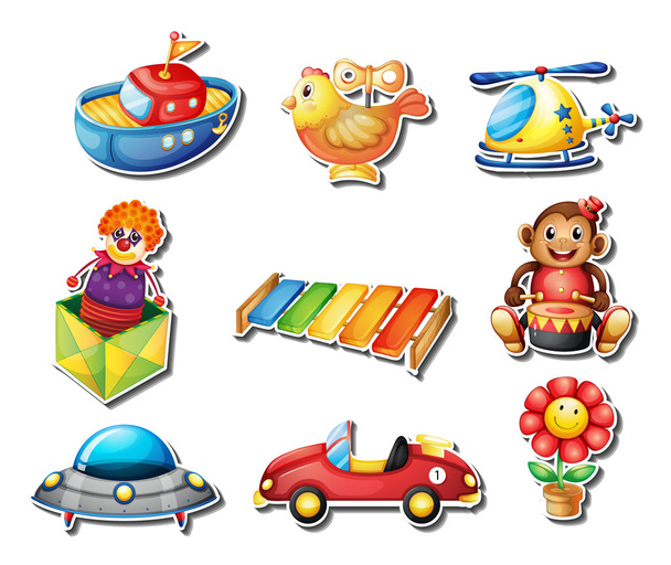 Conjunto de etiquetas engomadas de muchos juguetes
 - Vector, Imagen