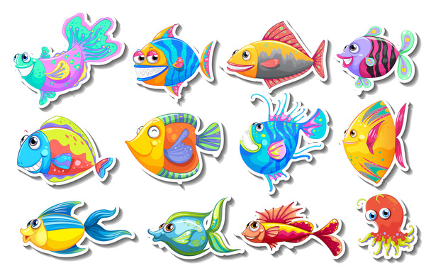 Sticker set with fancy fish - Vector, Image