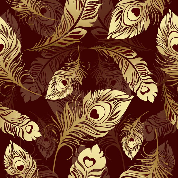 Gold feathers seamless pattern. Rich , luxury design, expensive jewelry. For use in textile design, print, fabric design, wallpaper, wrapper. Vector background - Vector, Image