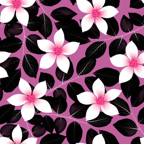 Tropikal pembe hibiscus çiçek siyah yapraklarla sorunsuz pıtırtı - Vektör, Görsel