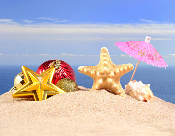Decoraciones navideñas conchas marinas y estrellas de mar en una playa de arena
 - Foto, imagen