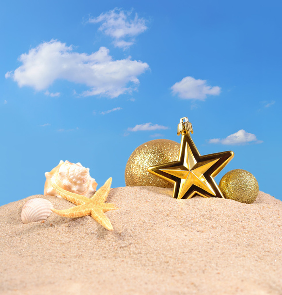 Décorations de Noël coquillages et étoiles de mer sur une plage de sable
 - Photo, image