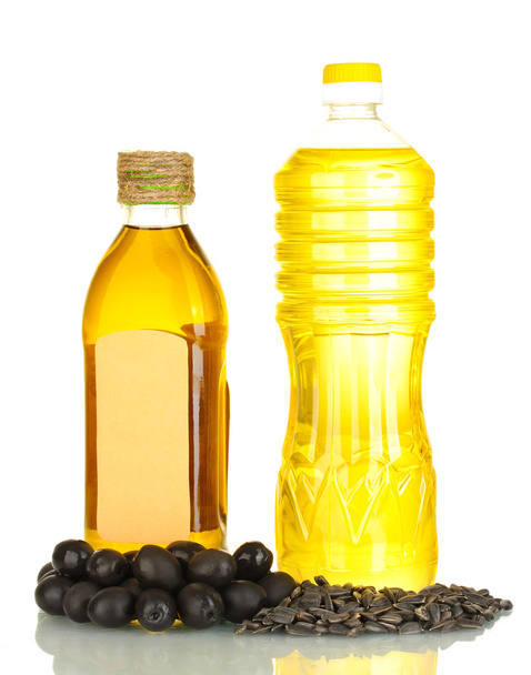 Oliivi- ja auringonkukkaöljy valkoisilla eristetyissä pulloissa
 - Valokuva, kuva