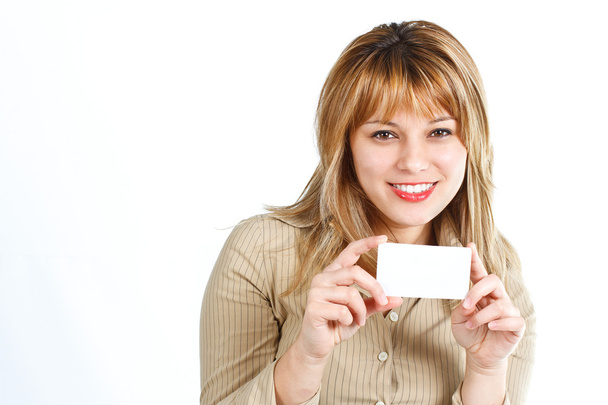 Onnellinen nuori nainen tyhjällä kortilla
 - Valokuva, kuva