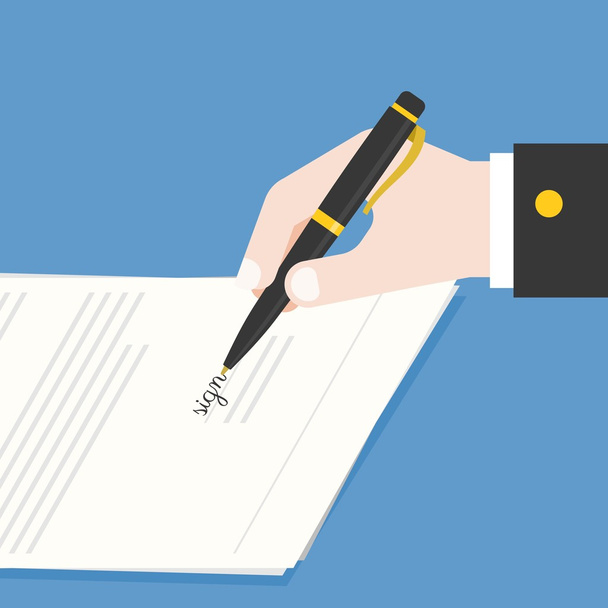 Επιχείρηση χέρι που κρατά το στυλό μελάνης υπογραφή σύμβασης, έγγραφο ή προσφορά συμφωνίας, επίπεδη σχεδίαση διανυσματικά εικονογράφηση - Διάνυσμα, εικόνα