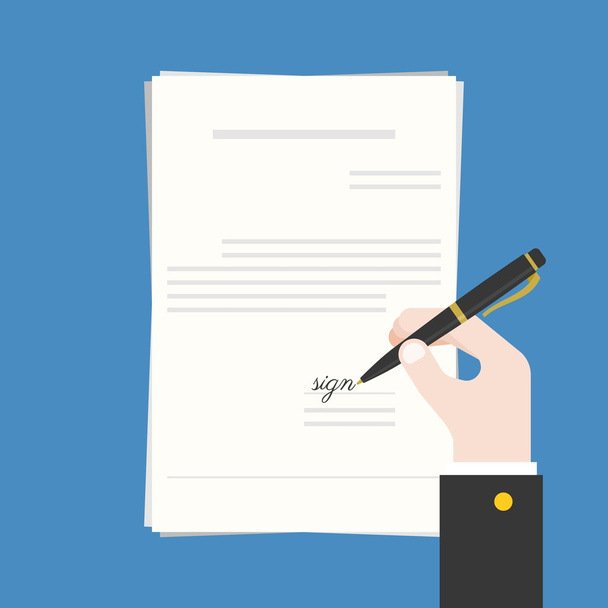 Επιχείρηση χέρι που κρατά το στυλό μελάνης υπογραφή σύμβασης, έγγραφο ή προσφορά συμφωνίας, επίπεδη σχεδίαση διανυσματικά εικονογράφηση - Διάνυσμα, εικόνα