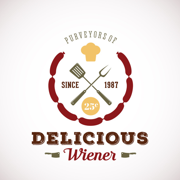 Purveyors of Delicious Wiener Hot Dog Vintage Vector Card, Poster, Crest or Label Template with Retro Typography. - Vector, Image
