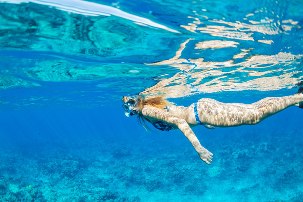 Snorkeling a trópusi óceán nő - Fotó, kép