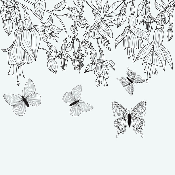 Hand drawn texture with Fuchsia flowers and butterflies. - Vector, Image