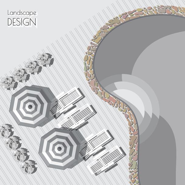 Vector illustration of umbrella, lounges, pool, plant symbols.n. - Διάνυσμα, εικόνα