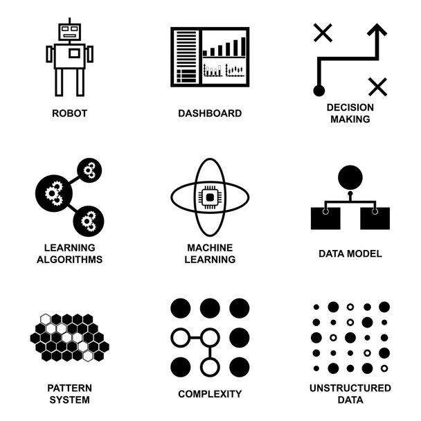 Kolekcja Symbol nowoczesnej sieci Web Machine Learning sztucznej inteligencji, wydobywania danych i zestaw ikon dużych ilości danych. - Wektor, obraz