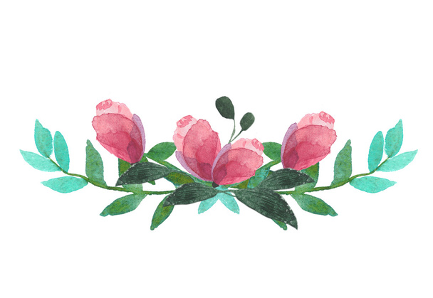 Barevný fialový květinový prvek s listy a květy, kreslení akvarelem. - Fotografie, Obrázek