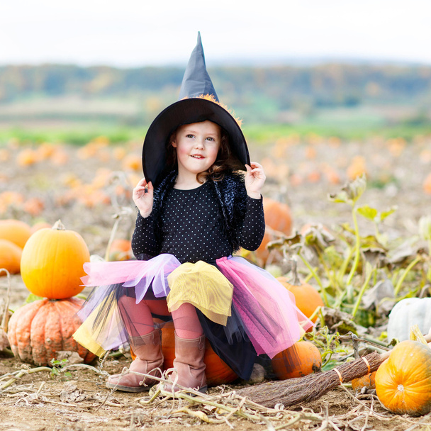menina vestindo traje de bruxa halloween em remendo de abóbora
 - Foto, Imagem