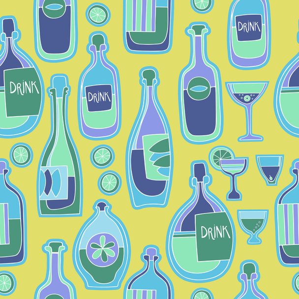 Different cartoon bottles and glasses. Vector seamless pattern. - Wektor, obraz
