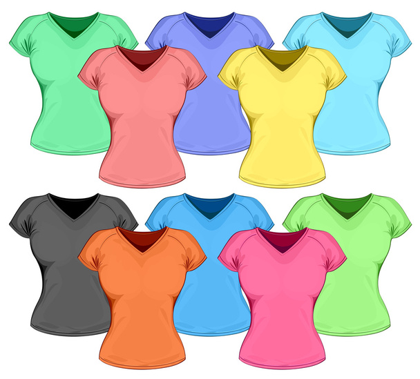 Vector set of color women's t-shirt (front view). - Vektör, Görsel