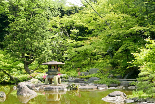 Японский открытый каменный фонарь, зеленые растения в саду Дзен
 - Фото, изображение