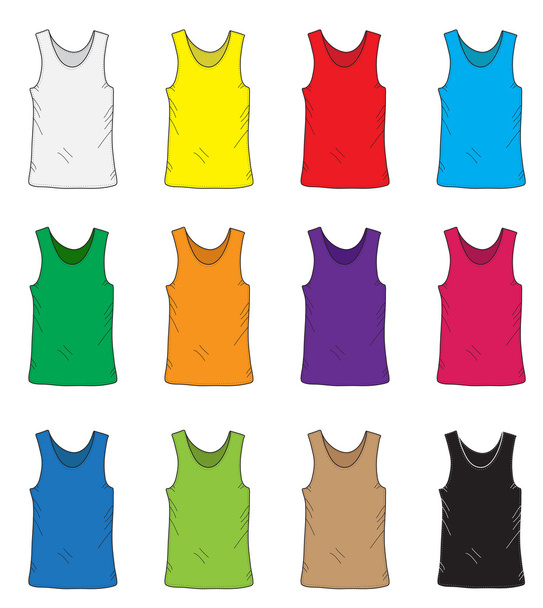 Designvorlagen für Männer T-Shirts. farbiges T-Shirt ohne Ärmel. Handzeichnungsstil. Hemden-Attrappen. Vektorillustration - Vektor, Bild