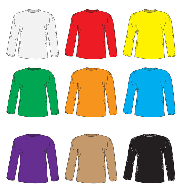 Designvorlagen für Männer T-Shirts. mehrfarbiges T-Shirt mit langen Ärmeln. Handzeichnungsstil. Hemden-Attrappen. Vektorillustration - Vektor, Bild