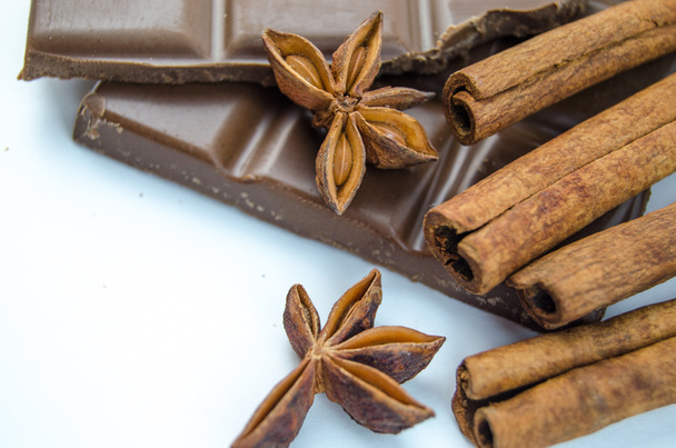 Milk chocolate, cinnamon sticks and star anise - Foto, imagen