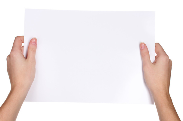 Hands and paper isolated on white - Φωτογραφία, εικόνα
