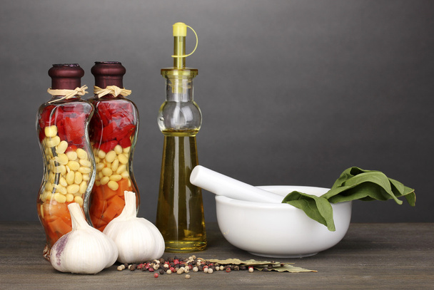 Set of ingredients and spice for cooking on wooden table on grey background - Φωτογραφία, εικόνα