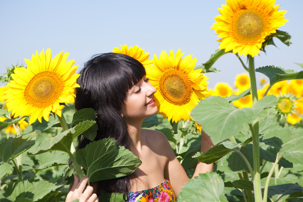 Fun woman in the field of sunflowers - Foto, Bild