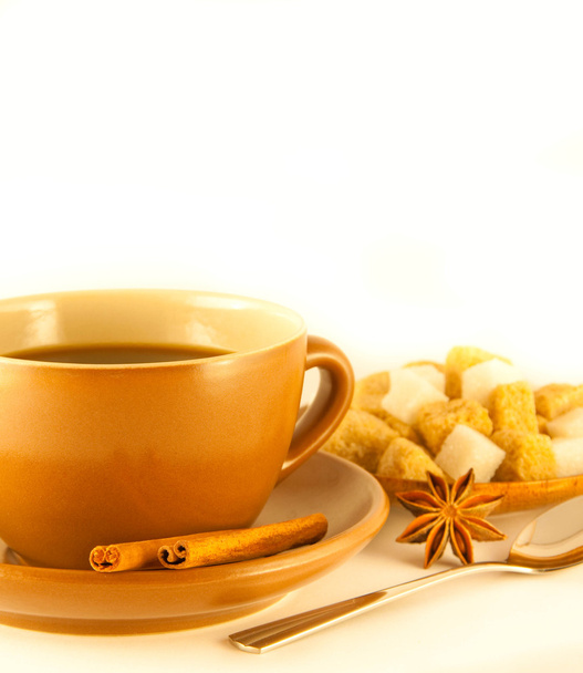 Cup of coffee with chocolates, coffee grains with cinnamon and an anise - Photo, Image