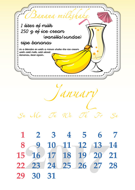 Calendar grid for 2017. Refreshing fruity drinks. January - Vector, Image