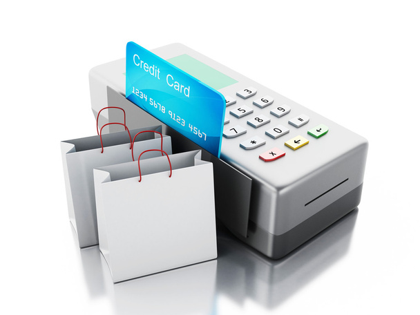 3d Credit card and card reader with shopping bags. - Fotoğraf, Görsel