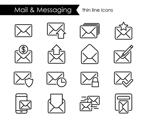 Iconos de línea delgada de correo, conjunto de símbolos de contorno negro
 - Vector, Imagen