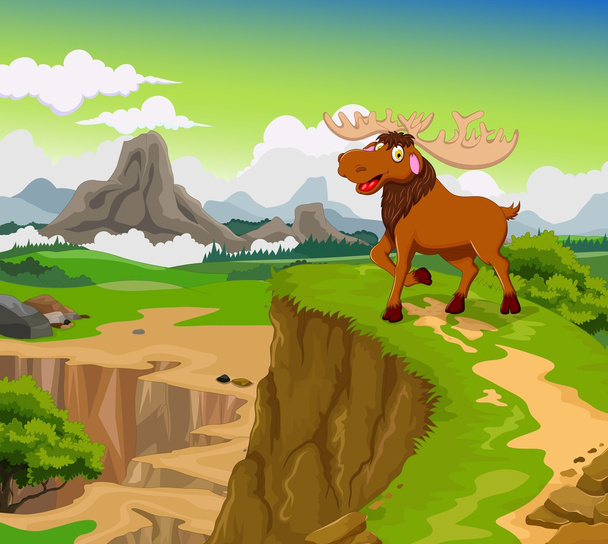 funny moose cartoon with beauty mountain landscape background - Vector, Image