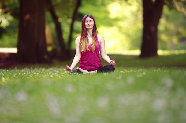 Jeune femme faisant des exercices de yoga dans la pelouse du parc
. - Photo, image