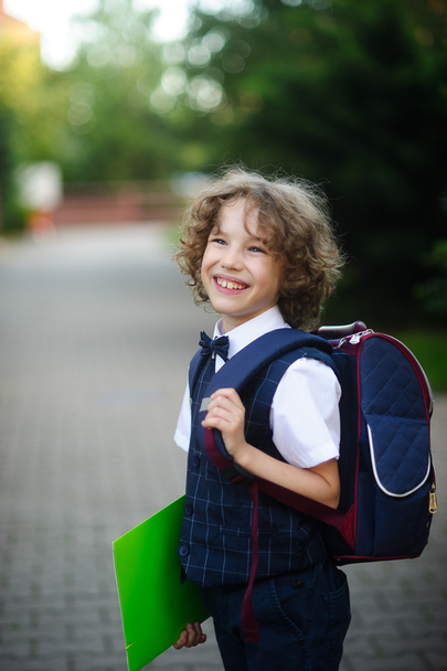Cute little schoolboy standing on the sidewalk. - Photo, Image