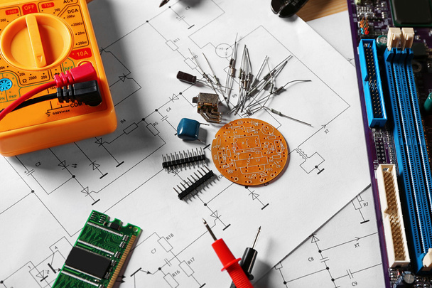Electronic components on drawings - Photo, Image