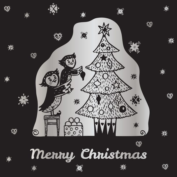 Weihnachtskarte mit handgezeichneter Eule Eltern und Kind schmücken einen Weihnachtsbaum. - Vektor, Bild