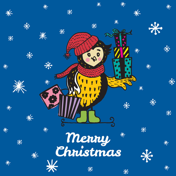 Weihnachtskarte mit handgezogener Eule mit Geschenkeinkauf - Vektor, Bild