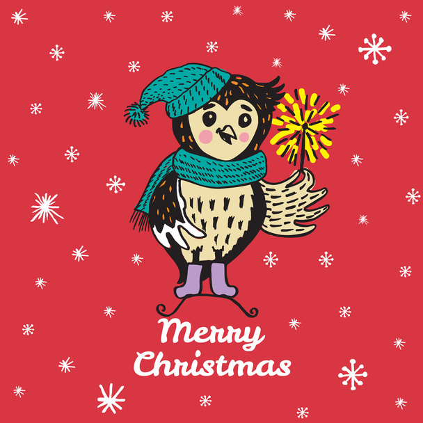 Weihnachtskarte mit handgezogener Eule mit Wunderkerze - Vektor, Bild