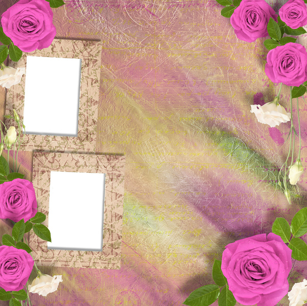 Beautiful greeting card with bouquet of pink roses, ribbons  - Φωτογραφία, εικόνα