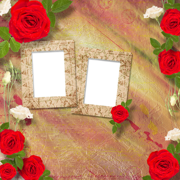 Beautiful greeting card with bouquet of red roses, ribbons  - Φωτογραφία, εικόνα