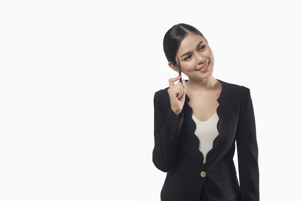 business woman thinking isolated on white background, asian beau - Фото, зображення