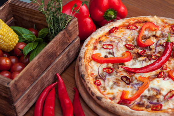 red, kitchen, summer, vegetables, cooking, tomato, parsley, spicy, papper, pizza slice, pizzeria, spicy food, tasty food, italian food, pizza, red background, peperoni, italian cuisine, red tomato, red pepper, italian pizza, vegetables isolated, ital - Photo, Image