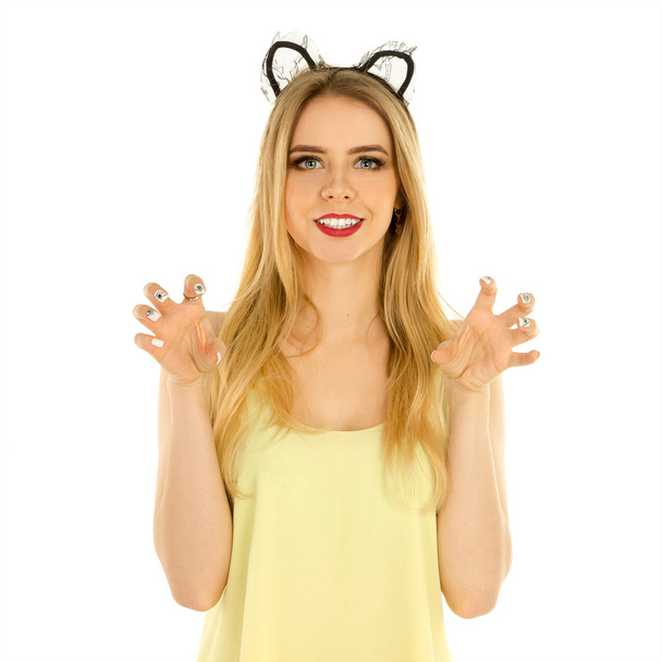 woman with cat ears posing in studio - Zdjęcie, obraz