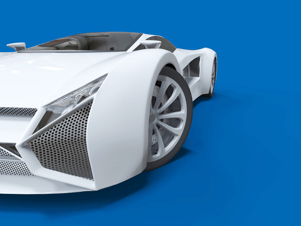 Fogalmi nagysebességű fehér sportkocsi. Kék egységes hátteret. Tükröződés és puhább árnyékok. 3D-leképezés. - Fotó, kép