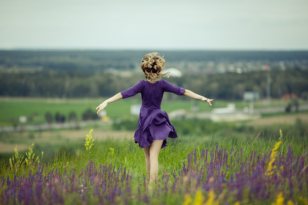 セージ花畑を歩いてヴィンテージのドレスの少女. - 写真・画像