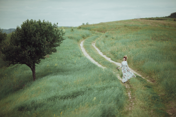 Giovane ragazza in abito vintage a piedi attraverso il campo di fiori salvia
. - Foto, immagini