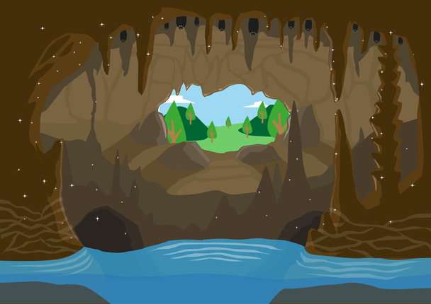 Ένα παράδειγμα σπηλαίου με υπόγεια ποτάμια και νυχτερίδες που κρέμονται από την οροφή. Επεξεργάσιμο Clip Art. - Διάνυσμα, εικόνα