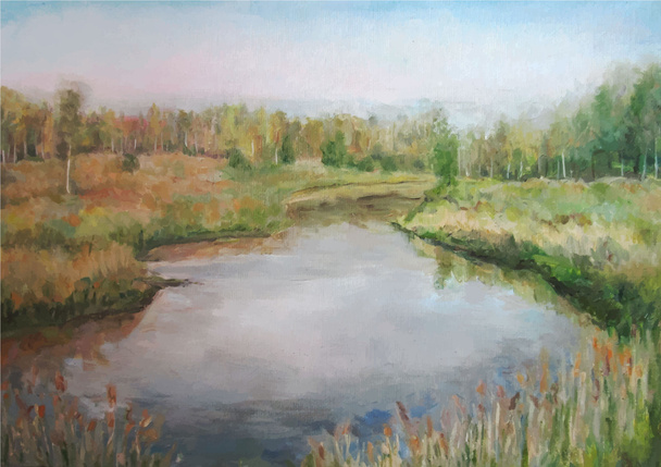 Cuadro pinturas al óleo sobre un lienzo: paisaje de primavera
 - Vector, imagen